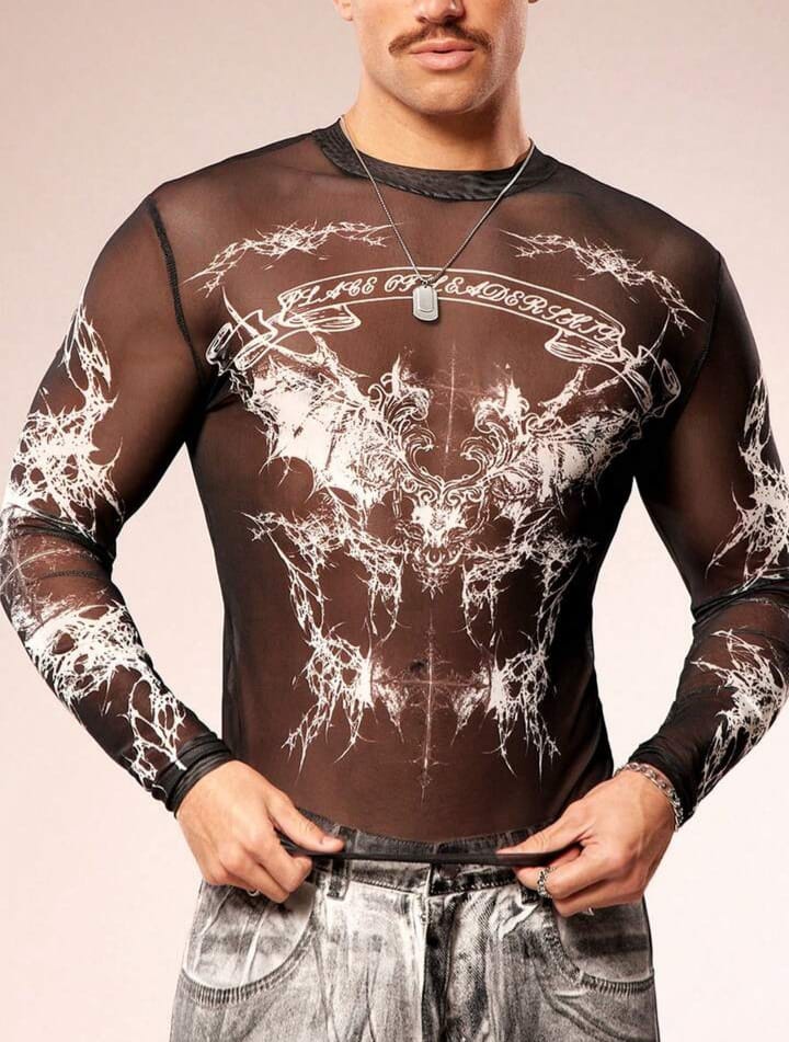Men's Slim Fit Sheer Round Neck Long Sleeve Tees